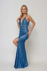 HAILEY BLUE SEQUIN WITH SPLIT AND DIAMANTE TRIM MAXI DRESS