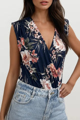JAY FLORAL NAVY SLEEVELESS WRAP STYLE BODY