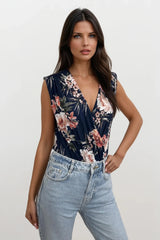 JAY FLORAL NAVY SLEEVELESS WRAP STYLE BODY