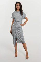 KAY GREY JERSEY TSHIRT DRESS WITH RUCHING AND FRILL