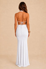Back view of Keira White Backless Maxi Dress bridal gown
