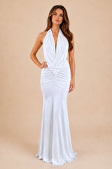 Front view of Keira White Maxi Dress wedding dress with ruched detailing and flowing skirt