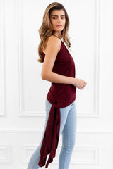Khloe Berry One Shoulder Draped Top With Side Sash Tie - Front View | Honor Gold