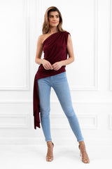 Khloe Berry One Shoulder Draped Top With Side Sash Tie - Back View | Honor Gold