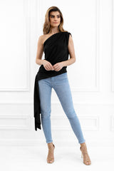 Khloe Black One Shoulder Draped Top With Side Sash Tie - Side View | Honor Gold