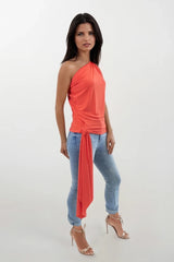 KHLOE ORANGE ONE SHOULDERED TOP WITH TIE DRAPE