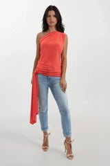 KHLOE ORANGE ONE SHOULDERED TOP WITH TIE DRAPE