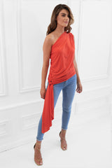 Khloe Orange One Shoulder Draped Top With Side Sash Tie - Front View | Honor Gold