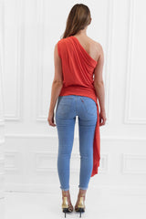 Khloe Orange One Shoulder Draped Top With Side Sash Tie - Back View | Honor Gold