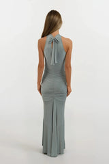 KYRA SAGE GREEN HALTER NECK BRIDESMAIDS OCCASION EVENING WEAR MAXI DRESS
