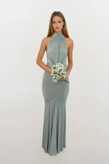 KYRA SAGE GREEN HALTER NECK BRIDESMAIDS OCCASION EVENING WEAR MAXI DRESS