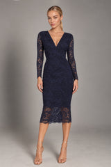 Lana Navy Lace Midi Dress With Long Sleeves