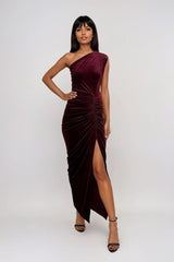 LENORE BERRY VELVET ONE SHOULDERED MAXI OCCASION WEAR DRESS WITH FRONT SIDE SPLIT