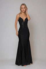 LIV BLACK PLUNGE EMBELLISHED WITH HOT FIX DIAMANTE MAXI DRESS