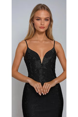 LIV BLACK PLUNGE EMBELLISHED WITH HOT FIX DIAMANTE MAXI DRESS