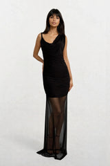MYLA BLACK CAMI MAXI DRESS WITH COWL DRAPE NECKLINE AND MESH SKIRT