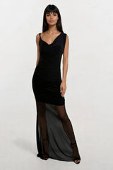 MYLA BLACK CAMI MAXI DRESS WITH COWL DRAPE NECKLINE AND MESH SKIRT