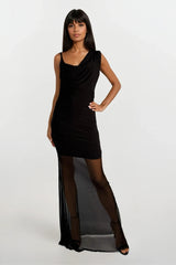 MYLA BLACK CAMI MAXI DRESS WITH COWL DRAPE NECKLINE AND MESH SKIRT