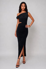 Natalia Black Off The Shoulder Maxi Dress With Cut Out - Front View | Honor Gold