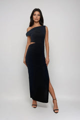 NATALIA BLACK OFF SHOULDER DRESS WITH CUT OUT & SIDE SPLIT MAXI DRESS