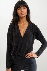 NYLA BLACK/BRONZE SHIMMER LONG SLEEVED BODYSUIT TOP