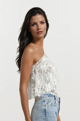 PAIGE WHITE LACE FRILL ONE SHOULDER TOP