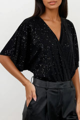 PERRIE BLACK SEQUIN ANGEL SLEEVED WRAP BODYSUIT TOP