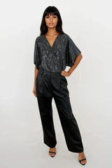 PERRIE SILVER SEQUIN ANGEL SLEEVED WRAP BODYSUIT TOP