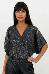 PERRIE SILVER SEQUIN ANGEL SLEEVED WRAP BODYSUIT TOP