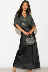 PERRIE SILVER SEQUIN ANGEL SLEEVED WRAP BODYSUIT TOP