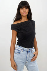 RAVEN BLACK OFF THE SHOULDER DROP SHOULDER TOP