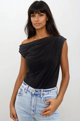 RAVEN BLACK OFF THE SHOULDER DROP SHOULDER TOP