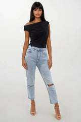 RAVEN BLACK OFF THE SHOULDER DROP SHOULDER TOP