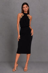 Sasha Black Backless Midi Dress With Gold Leaf Trim
