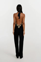 SASHA BLACK BACKLESS JUMPSUIT WITH WIDE LEGS AND GOLD LEAF TRIM