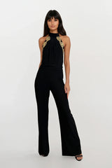 SASHA BLACK BACKLESS JUMPSUIT WITH WIDE LEGS AND GOLD LEAF TRIM