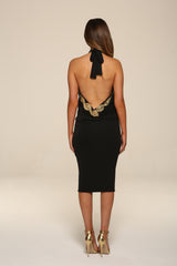 SASHA BLACK BACKLESS MIDI DRESS WITH GOLD LEAF TRIM