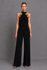 Sasha Black Backless Wide Leg Jumpsuit With Gold Leaf Trim