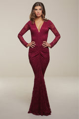 SAVANNAH BERRY LACE WITH LONG SLEEVES FISHTAIL MAXI DRESS