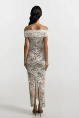 SOIFA WHITE LACE BARDOT OFF THE SHOULDER MAXI DRESS WITH NUDE LINING