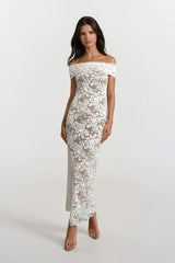 SOIFA WHITE LACE BARDOT OFF THE SHOULDER MAXI DRESS WITH NUDE LINING
