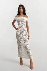 SOIFA WHITE LACE BARDOT OFF THE SHOULDER MAXI DRESS WITH NUDE LINING