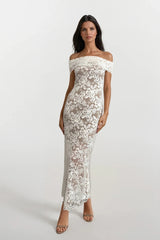SOIFA WHITE LACE BARDOT OFF THE SHOULDER MAXI DRESS WITH NUDE LINING