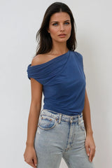 Willow Royal Blue Off The Shoulder Top - Side View | Honor Gold