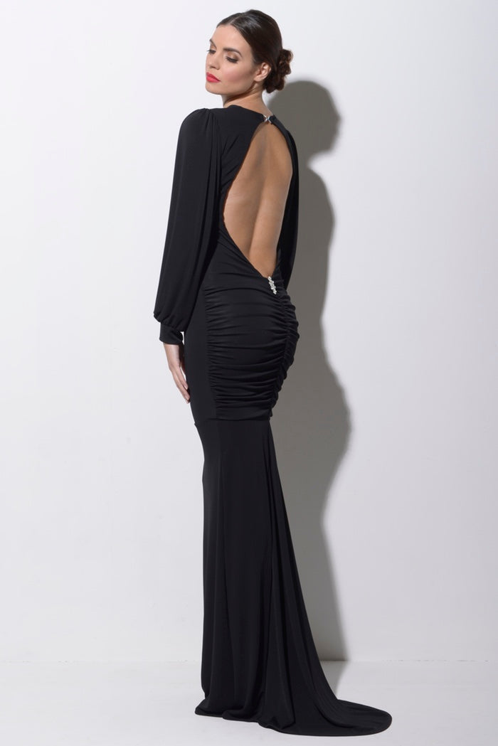 Bella Black Backless Long Sleeve Maxi Dress With Train | Honor Gold UK Bella Black Backless Long Sleeve Maxi Dress With Train | Honor Gold UK