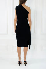 KHLOE BLACK ONE SHOULDERED WITH TIE AT WAIST KNEE LENGTH DRESS