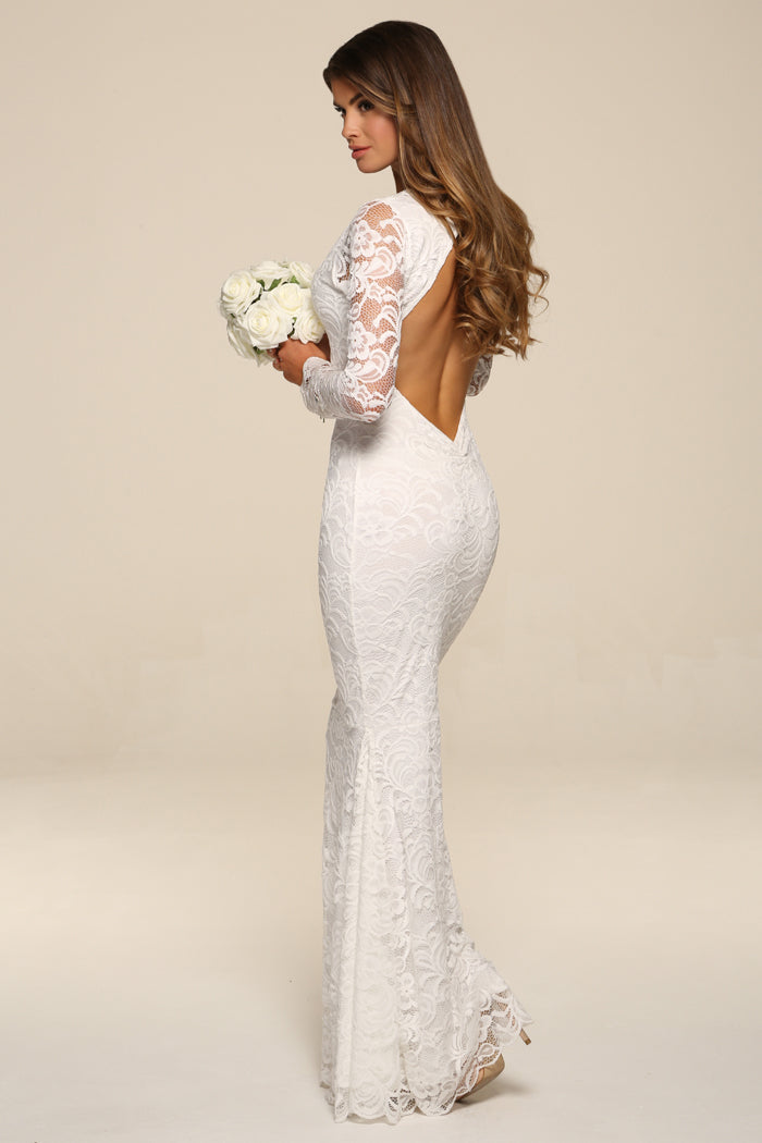 HONOR GOLD FAYE IVORY BACKLESS LACE LONG SLEEVED FISHTAIL MAXI