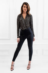 KARIS BLACK/GOLD SEQUIN LONG SLEEVED WRAP OVER BODYSUIT TOP
