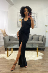 Jessica Black Sleeveless Maxi Dress With Front Split - Back View | Honor Gold