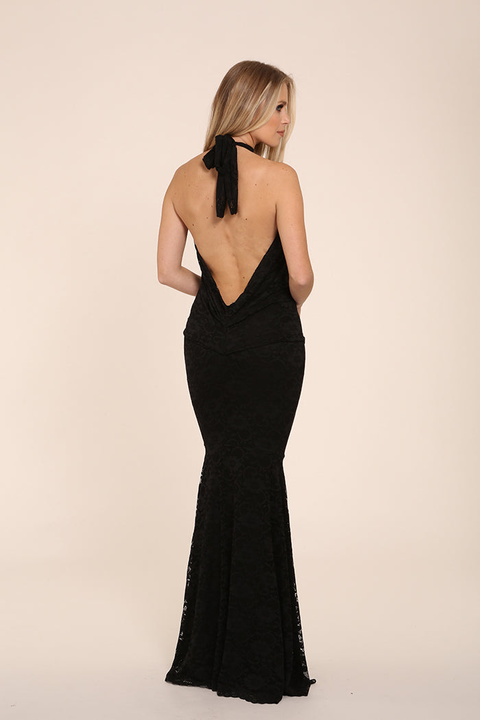 Sophia Black Lace Backless Halter Neck Fishtail Maxi Dress – Honor Gold